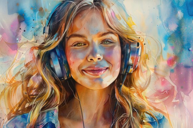 Watercolor portrait of a pretty girl wearing headphones on an abstract background