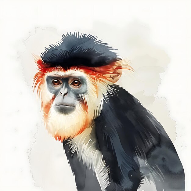 Watercolor Portrait of a RedCrested Mangabey Monkey