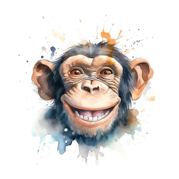 Watercolor portrait of a smiling monkey