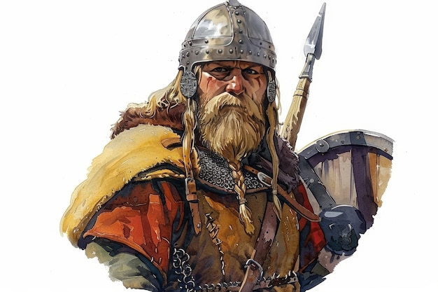 Watercolor portrait of a stoic norse warrior with beard and helmet on white background