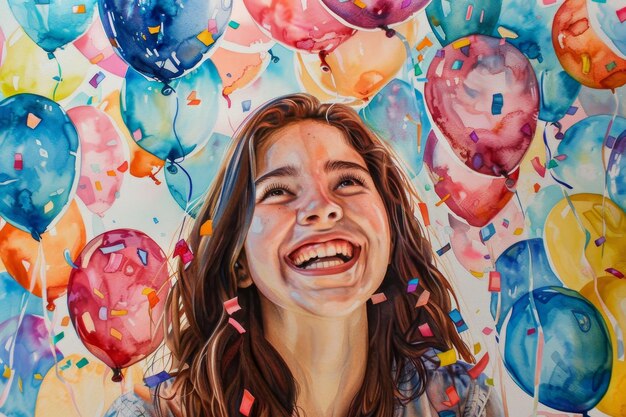 Photo a watercolor portrait of a teacher smiling surrounded by colorful balloons and confetti a watercolor portrait of a teacher smiling amidst a sea of floating balloons and confetti