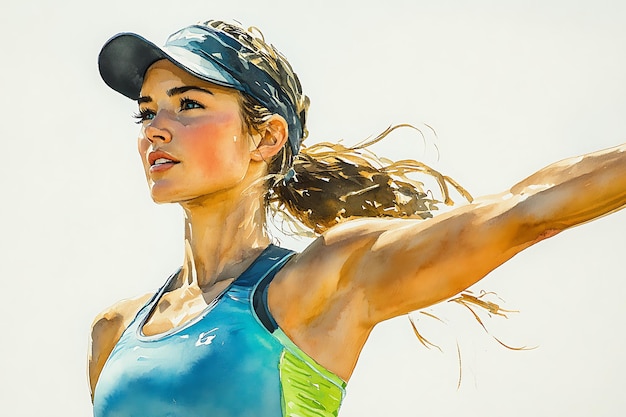 Photo watercolor portrait of a woman in a blue tank top with a visor