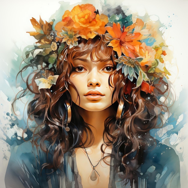 watercolor portrait of woman in floral crown