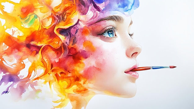 Photo watercolor portrait of a woman with a paintbrush in her mouth