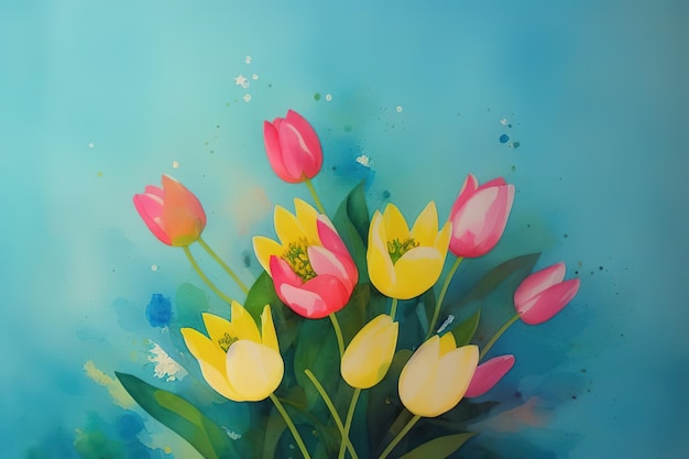 Watercolor postcard from a delicate bouquet of tulips Generative AI