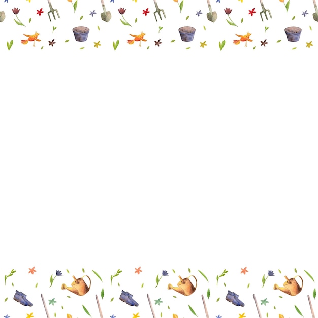 Watercolor postcard made of a seamless pattern with a spring motif of flowers, greenery