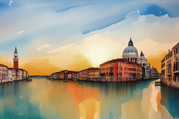 Watercolor postcard Venice view of grand canal and basilica Gondolas and San Giorgio Maggiore island