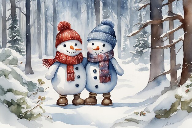 Watercolor postcard with happy couple male and female snowmans hugging together wearing scarf and hat snowy forest