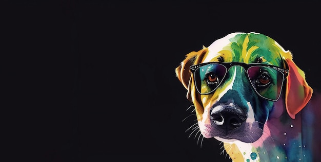 Watercolor postcard with pet dog wearing rainbow sunglasses Generative AI