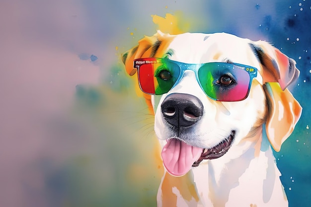 Watercolor postcard with pet dog wearing rainbow sunglasses Generative AI