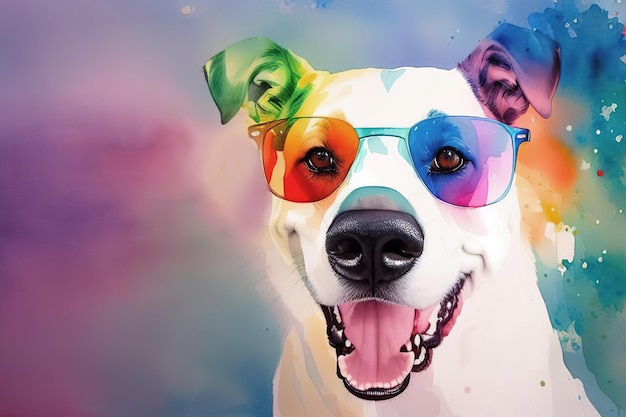 Watercolor postcard with pet dog wearing rainbow sunglasses Generative AI