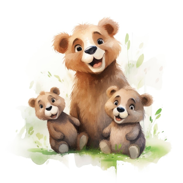 Watercolor poster full body happy brown bear with 2 young cubs playfull pixar disney professional photography v 52 Job ID 5792c9e613be435aab0a226d8fd19b63