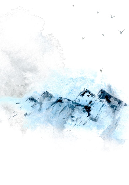 Watercolor poster hand painting sketch mountains nature landscape