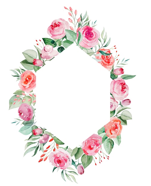 Watercolor ppink and red roses flowers and leaves geometric frame