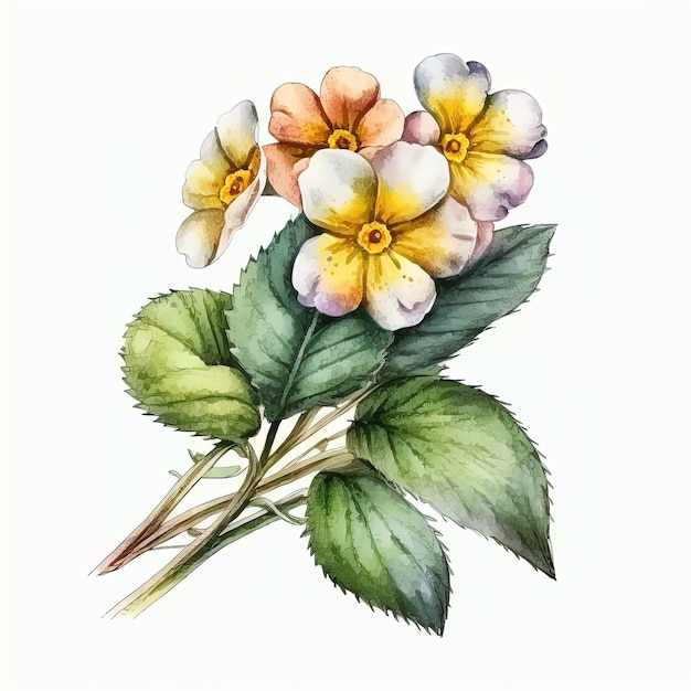 Watercolor primrose illustration on white background Flower art