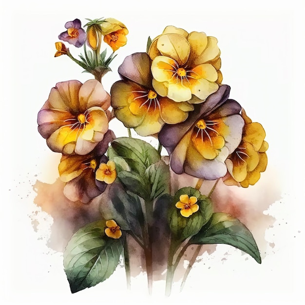 Watercolor primrose illustration on white background Flower art