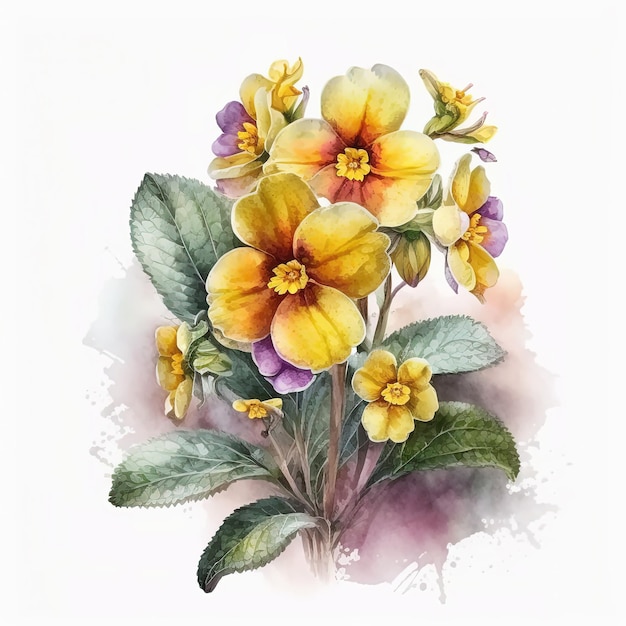 Watercolor primrose illustration on white background Flower art