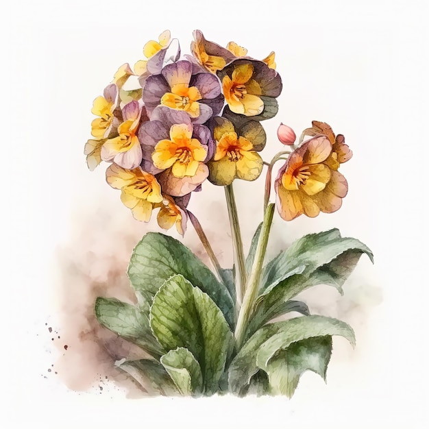 Watercolor primula illustration on white background Flower art