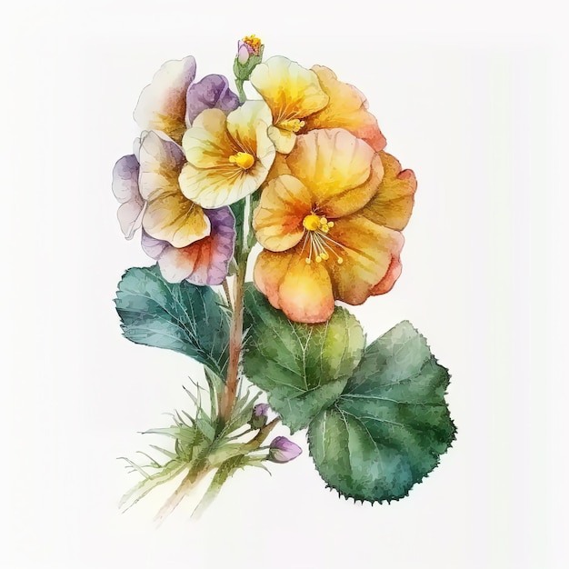 Watercolor primula illustration on white background Flower art