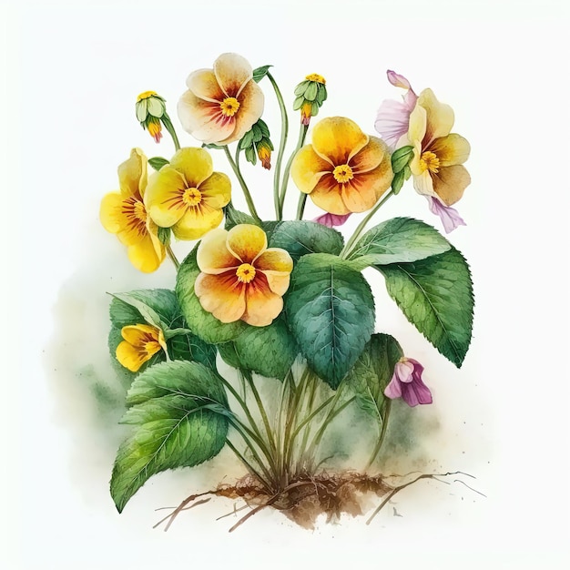 Watercolor primula illustration on white background Flower art