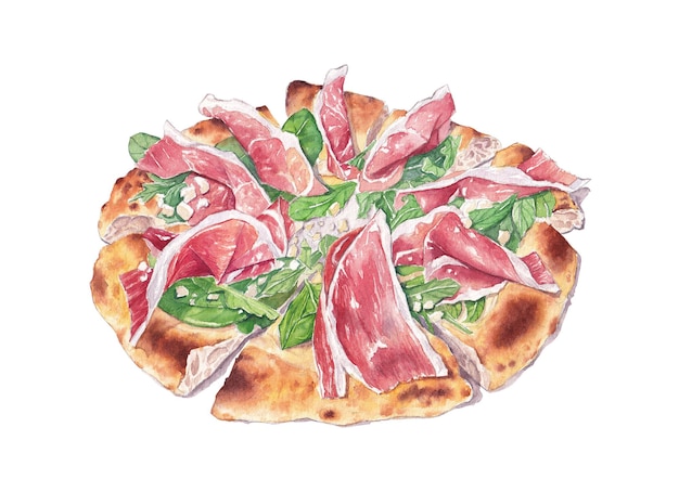 Watercolor prosciutto and arugula pizza