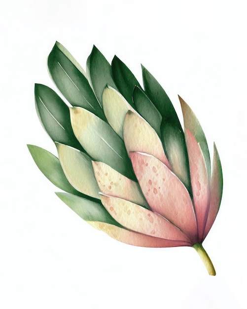 Watercolor of protea leaf isolated on white background