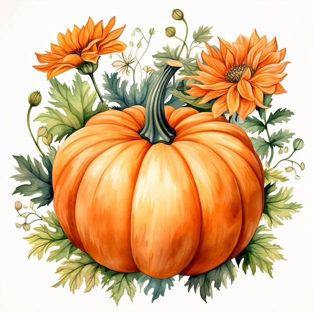 Watercolor pumpkin clip art oraange pumpkin with flowers for Thanksgiving day or Halloween AI generated