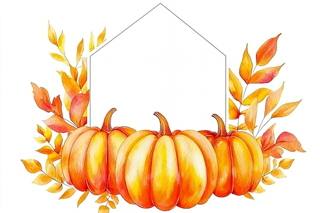 Watercolor Pumpkin Frame with Autumn Leaves