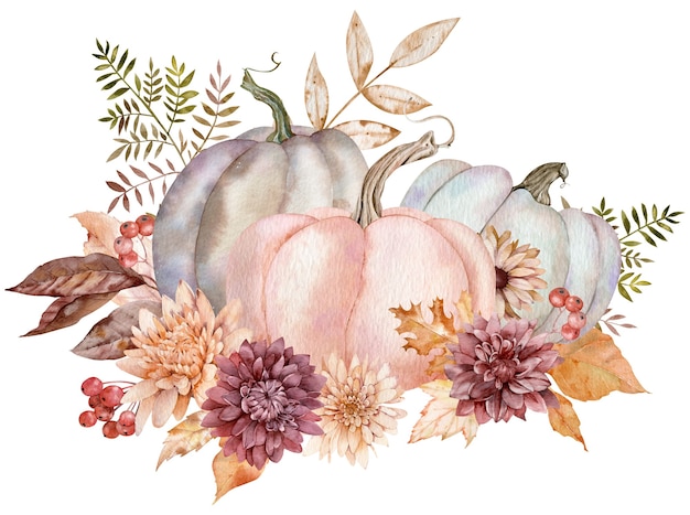 Watercolor pumpkins decorated with fall flowers, autumn leaves. Beautiful floral pumpkin arrangement.