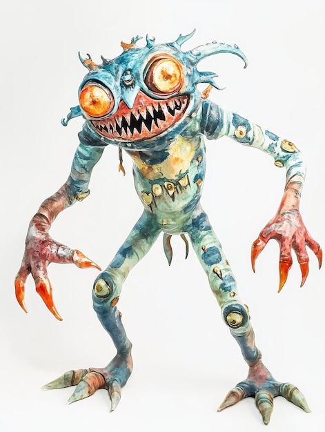 Photo watercolor puppet monster with a wideopen mouth blue and green skin yellow eyes and sharp c