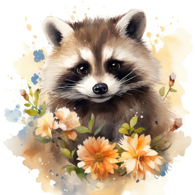 Watercolor raccoon with flowers Generative AI