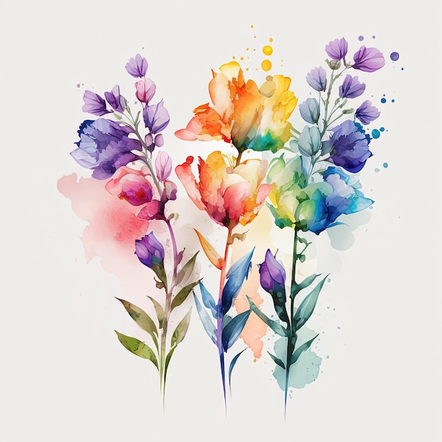 Watercolor rainbow flowers illustration Botanical art print