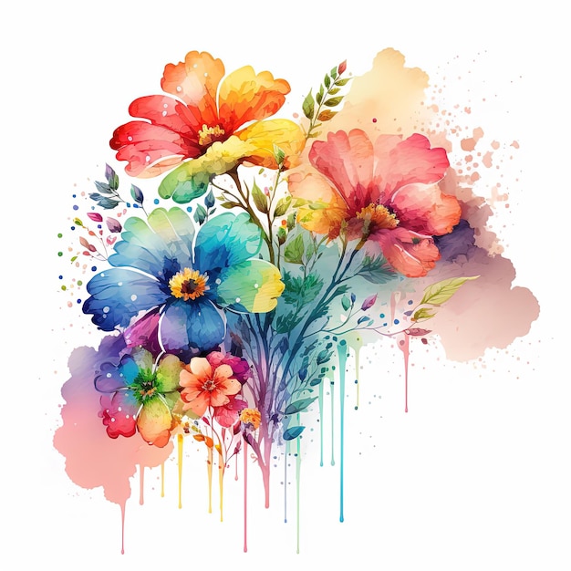 Watercolor rainbow flowers illustration isolated on white background Colorful wildflowers