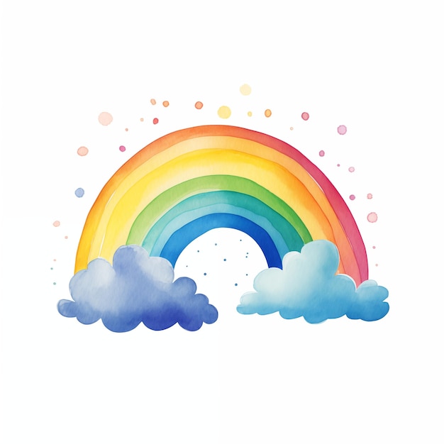 Watercolor Rainbow and Fluffy Clouds Illustration