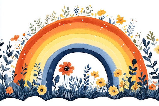 Photo watercolor rainbow with blooming flowers