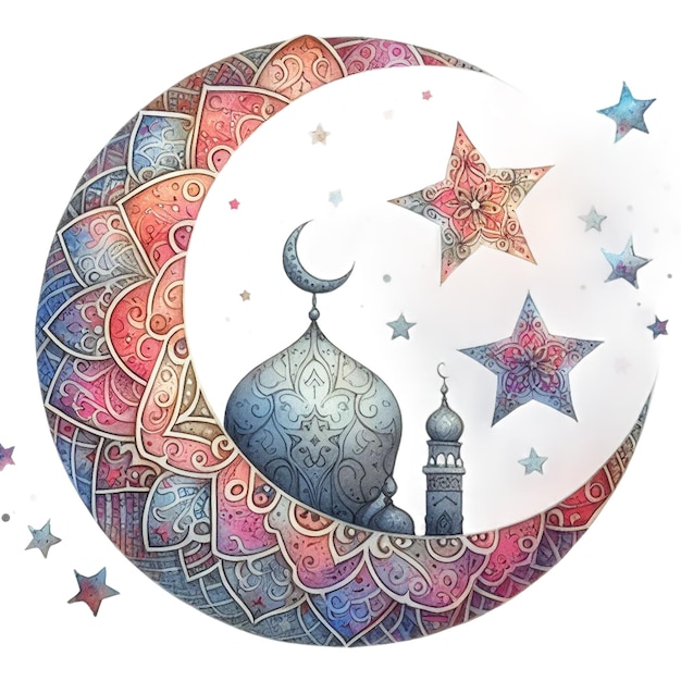 Photo watercolor ramadan mubarak clipart featuring a crescent moon and stars with intricate patterns