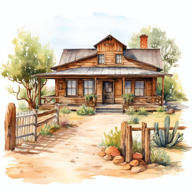 watercolor ranch house western wild west cowboy desert illustration clipart