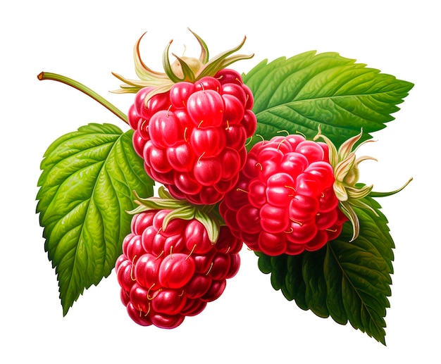 watercolor realistic drawing of raspberries beautiful ripe berries and leaves isolated clipart