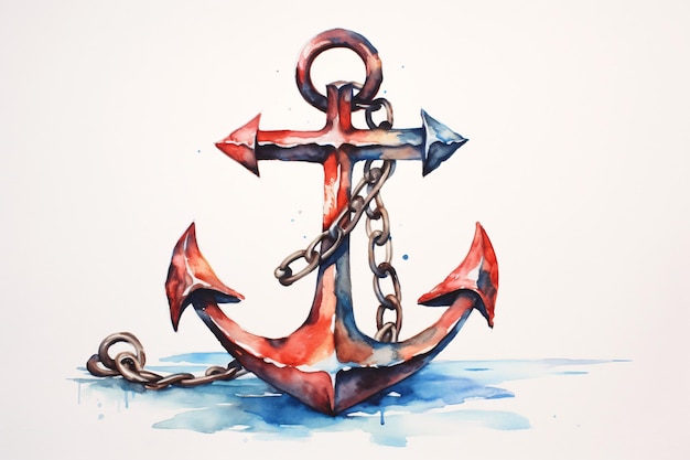 Photo a watercolor of a red anchor with a chain