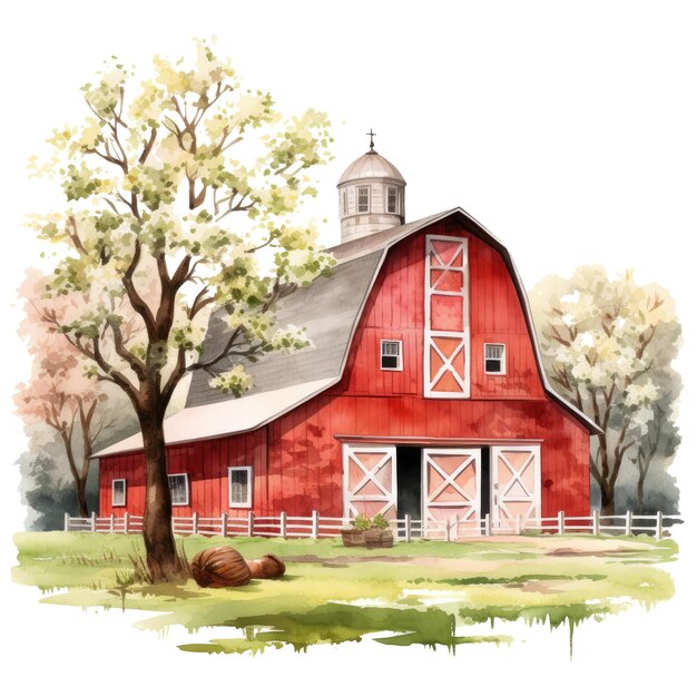 Photo watercolor red barn illustration generative ai