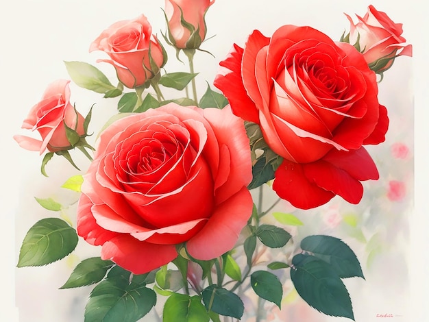 Watercolor red flowers roses sun glow from flowers glare white background