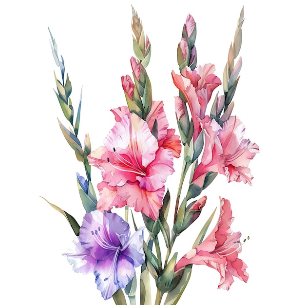 Watercolor Red Gladiolus Isolated on White Background Beautiful Gladiolus Flower