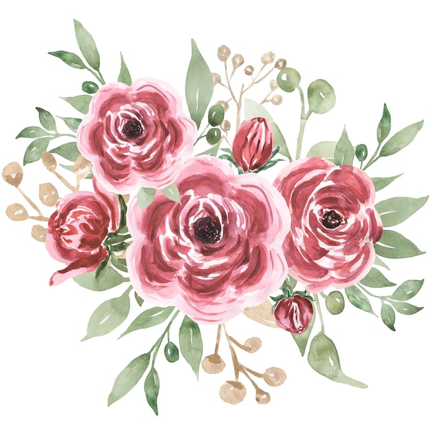 Watercolor red peony flowers and greenery bouquet illustration burgundy garden roses and leaves border clipart