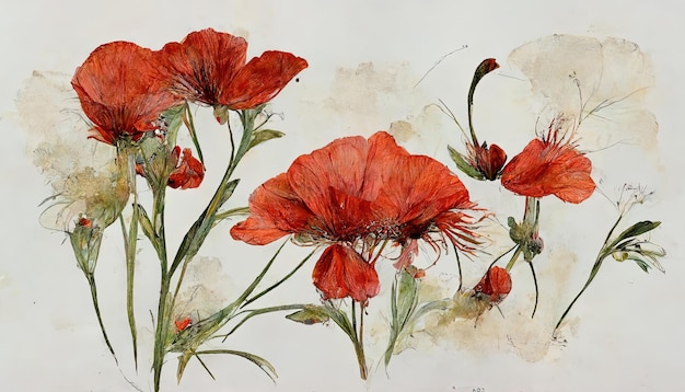 Watercolor red poppies Wildflower set isolated on white