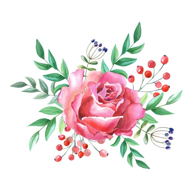 Watercolor red rose with leaves. Watercolour floral composition on a white background.