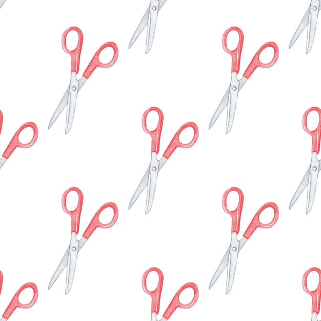 Watercolor red scissors seamless pattern on white