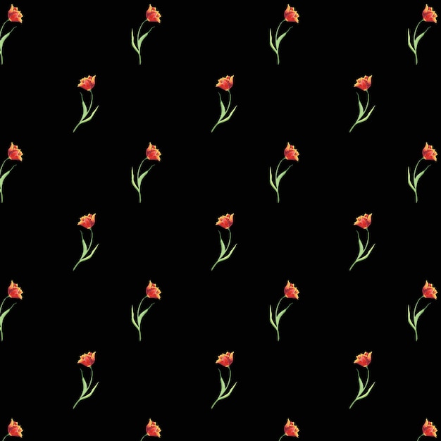 Watercolor red tulips seamless pattern illustration with flowers for textile or wrapping paper