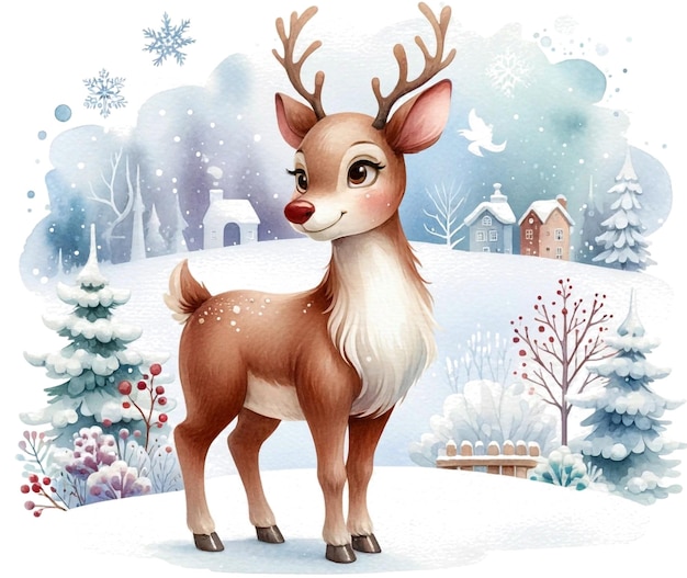 Watercolor Reindeer jpg with exotic forest white background generative AI