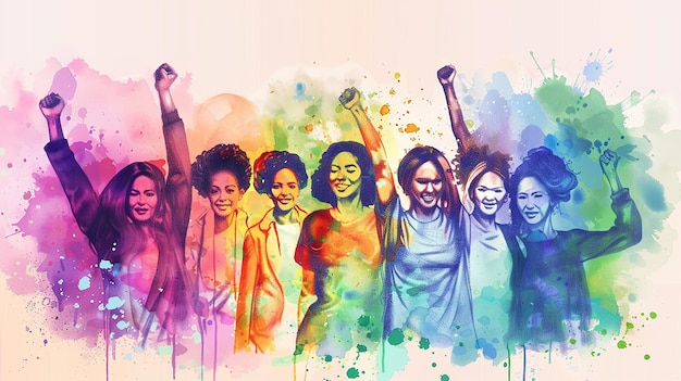 Watercolor representation of diverse women celebration