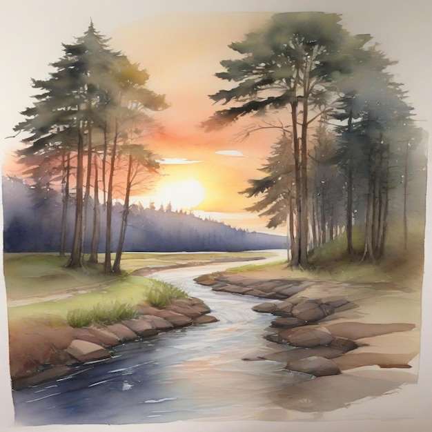 Watercolor river landscape